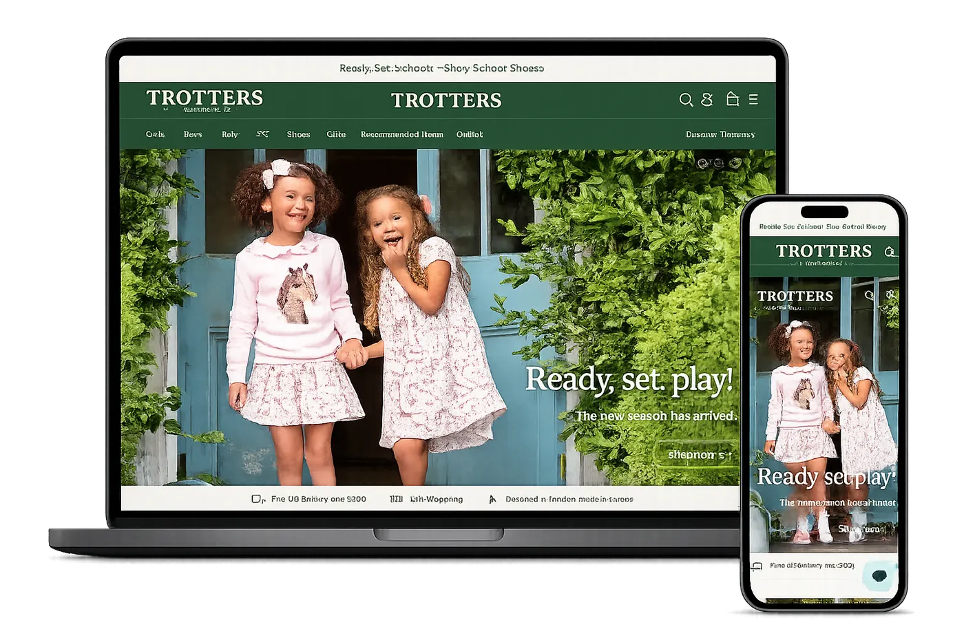 Trotters store shown on laptop and phone mockup
